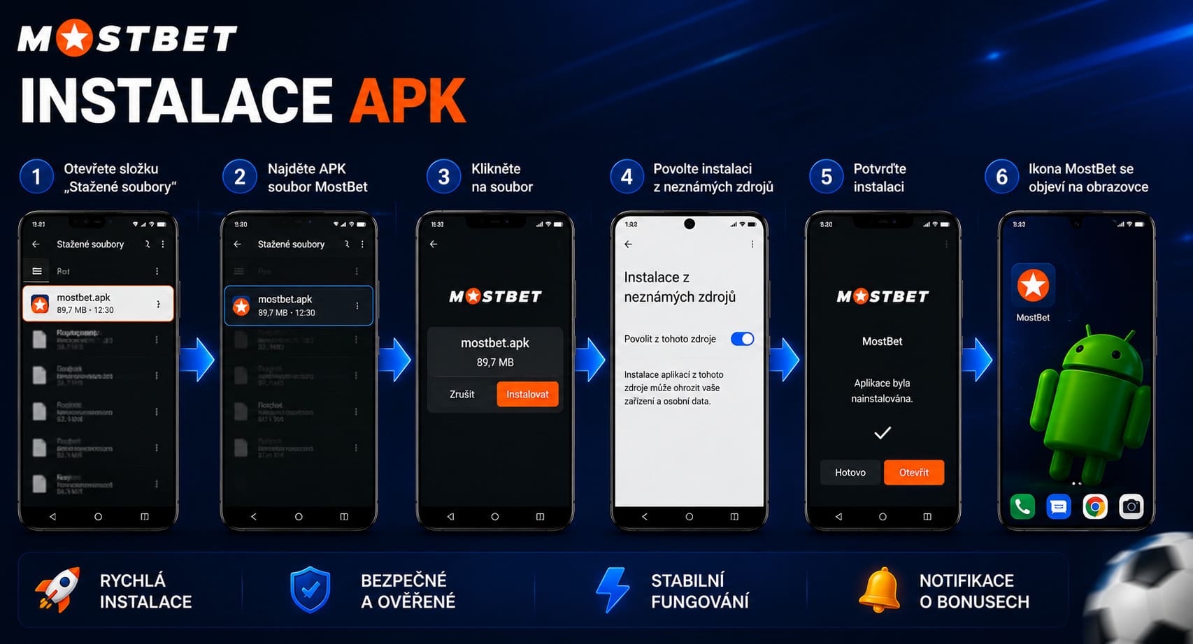 Postupná instalace Mostbet APK na Android
