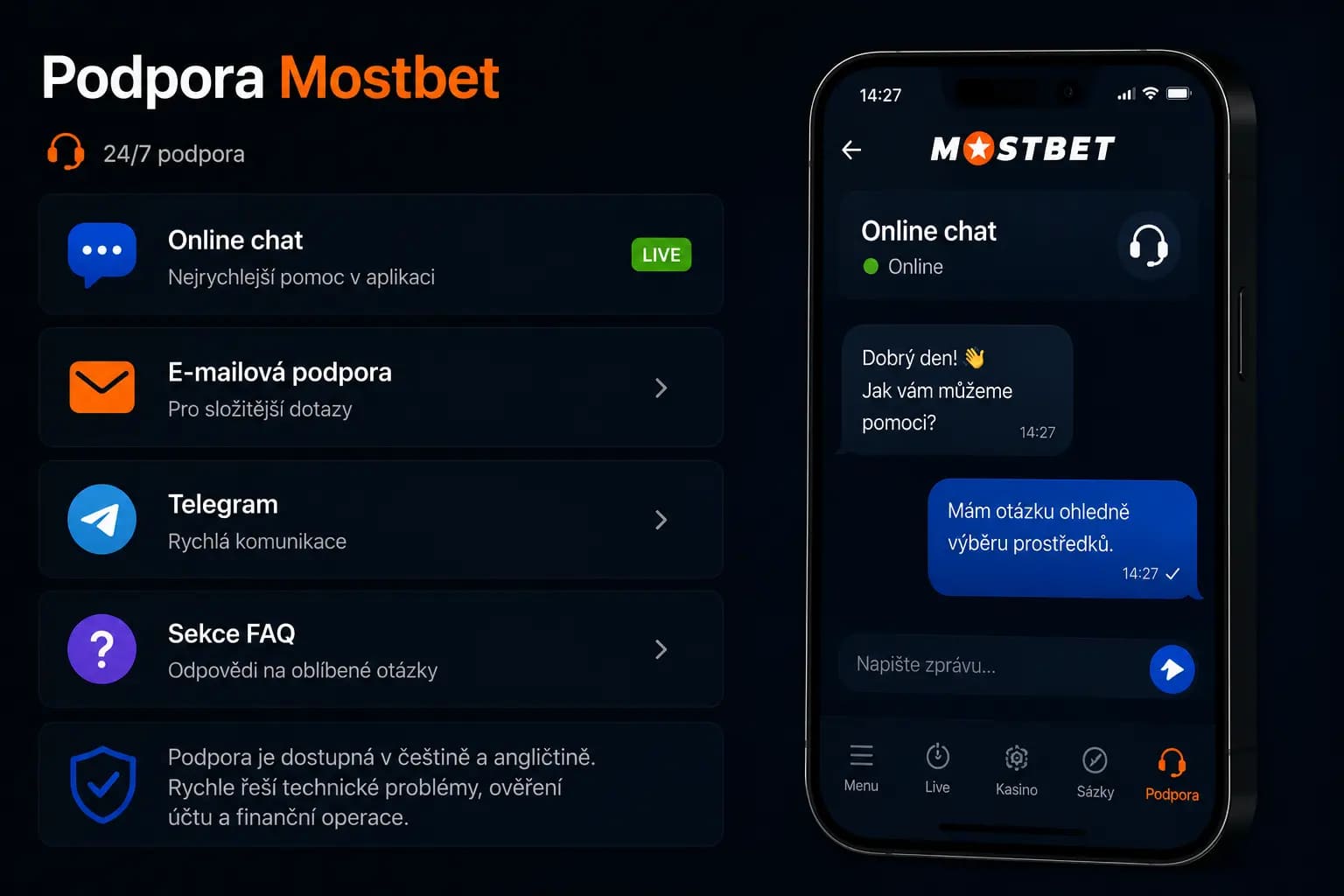 Zákaznická podpora MostBet v mobilu přes chat, e-mail a Telegram