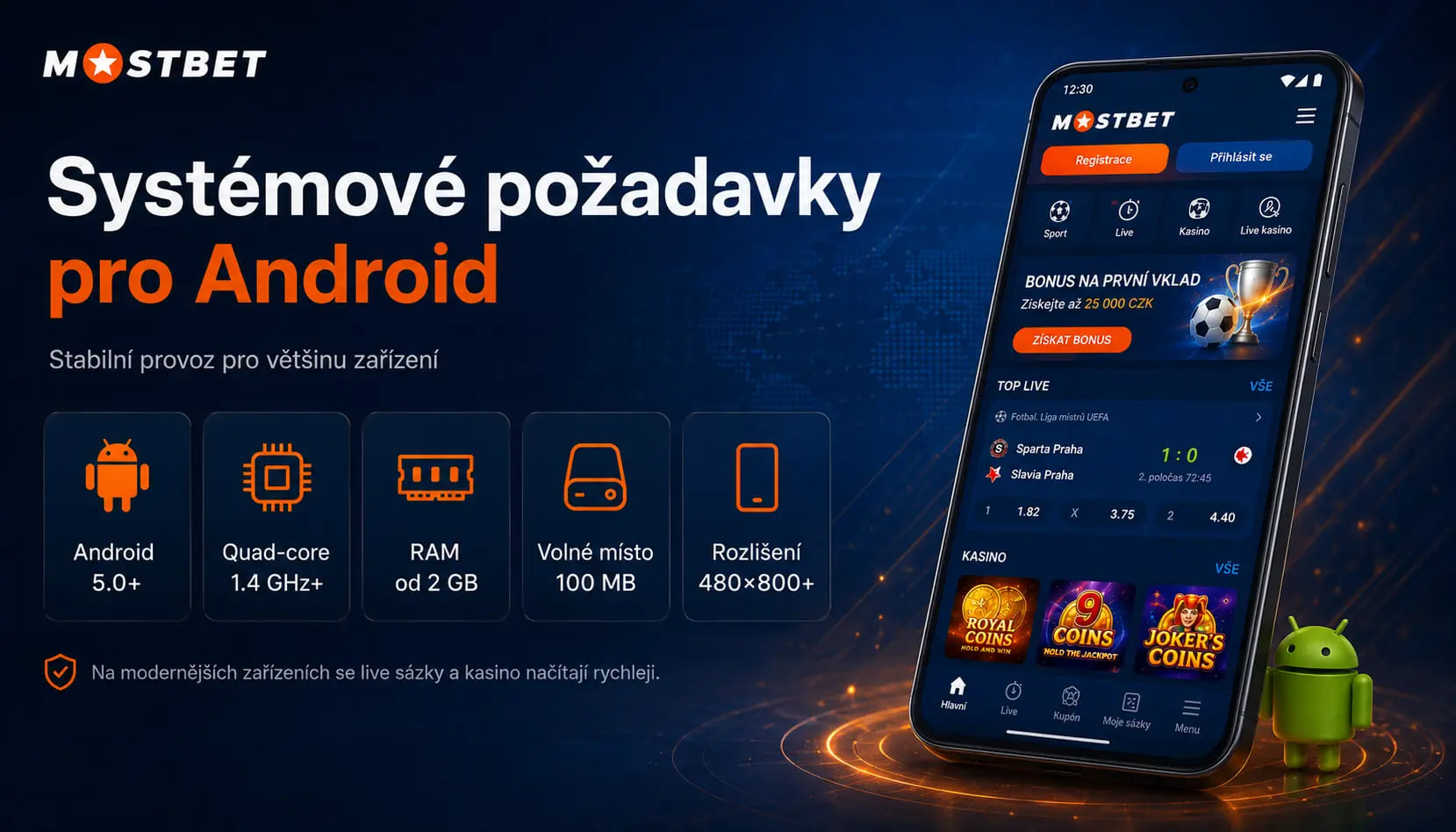 Parametry telefonu pro plynulý chod MostBet na Androidu
