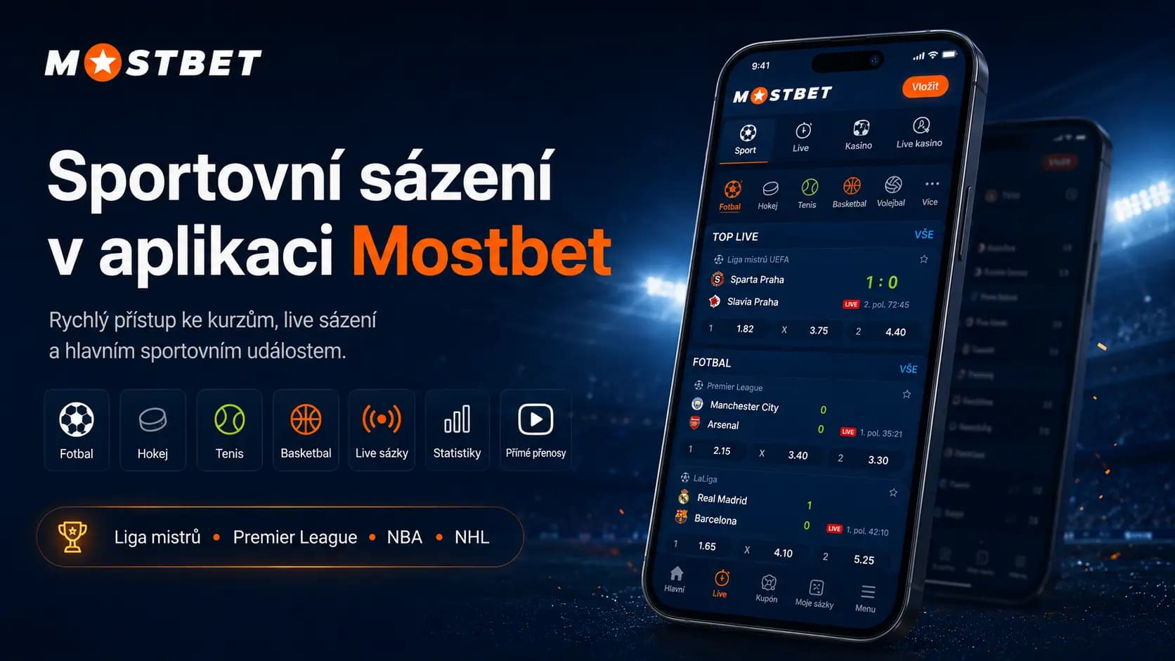 Kurzy a live přenosy v mobilní aplikaci MostBet