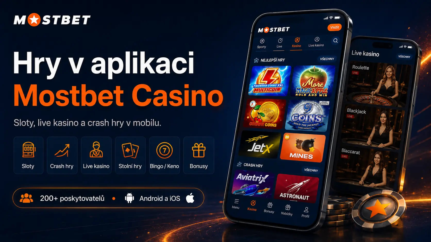 Kasino nabídka MostBet na mobilu se sloty a živými dealery